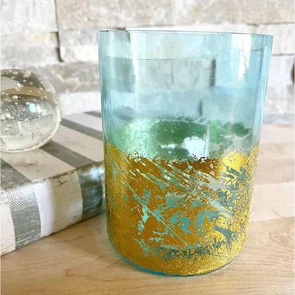 New Aqua Green Glass Tea Light Votive Candle Holder w/ Gold Accent - Picture 1 of 8